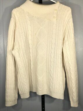 Vintage Field Gear Lambswool Asymm collar Cable knit Button Sweater sz Lg white
